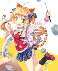 Rule 34 | 1girl, animal ears, ass, bell, black bra, blonde hair, blush, boots, bra, breasts, can, cat ears, pet food, cat girl, cat tail, cat teaser, fang, green eyes, hair ribbon, hood, hoodie, jin young-in, long hair, looking at viewer, miniskirt, open mouth, original, panties, pantyshot, pleated skirt, ribbon, scarf, skirt, small breasts, smile, solo, standing, tail, toy mouse, twintails, underwear, vest, white panties