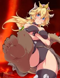 Rule 34 | 1girl, animeflux, armlet, bare shoulders, barefoot, black nails, blonde hair, blue eyes, borrowed design, bowsette, bracelet, breast hold, breasts, breath weapon, breathing fire, cameltoe, collar, crown, dress, feet, fingernails, fire, foot focus, from below, frown, hair between eyes, highres, horns, jewelry, leotard, long hair, looking at viewer, mario (series), medium breasts, nail polish, new super mario bros. u deluxe, nintendo, ponytail, sharp fingernails, sharp teeth, soles, solo, spiked armlet, spiked bracelet, spiked collar, spiked shell, spiked tail, spikes, strapless, strapless dress, super crown, tail, teeth, thighhighs, toenail polish, toenails, toes, turtle shell, watermark, web address