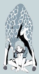Rule 34 | 1boy, animal, bad id, bad pixiv id, barefoot, character request, flat color, giraffe, male focus, monochrome, shiro (reptil), short hair, simple background, sitting, solo, tennis no ouji-sama