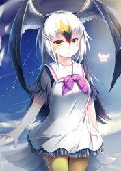 Rule 34 | 10s, 1girl, absurdres, black-tailed gull (kemono friends), blue sky, cloud, commentary request, cowboy shot, dress, frilled dress, frills, grey hair, hair between eyes, head wings, highres, japari symbol, kanzakietc, kemono friends, long hair, looking at viewer, multicolored hair, pantyhose, sailor dress, short sleeves, sky, smile, solo, white dress, white hair, wings, yellow eyes, yellow pantyhose