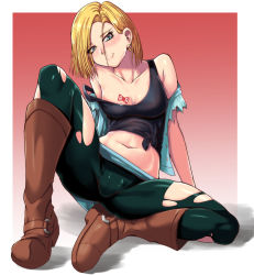 Rule 34 | 1girl, android 18, bad id, bad pixiv id, bare shoulders, black pantyhose, black tank top, blonde hair, blue eyes, blush, boots, border, breasts, cameltoe, cleavage, closed mouth, dragonball z, earrings, full body, gradient background, head tilt, highres, hoop earrings, jewelry, looking at viewer, medium breasts, midriff, navel, nico-mo, pantyhose, red background, short hair, sitting, smile, solo, spread legs, tank top, torn clothes, torn pantyhose, vest, white border