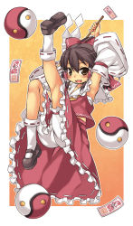 Rule 34 | 1girl, :3, armpits, bloomers, bow, brown eyes, brown hair, chacha (tyatya), detached sleeves, female focus, gohei, hair bow, hakurei reimu, highres, japanese clothes, mary janes, miko, ofuda, open mouth, outstretched leg, shoes, short hair, smile, socks, solo, touhou, tyatya, underwear, white socks, yin yang