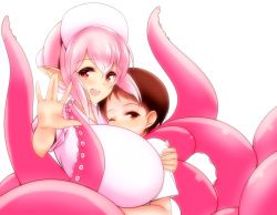 Rule 34 | 1boy, 1girl, :d, \||/, age difference, breast smother, breasts, brown eyes, brown hair, face to breasts, hat, hetero, hug, huge breasts, hurutanuki, monster girl, nurse, nurse cap, one eye closed, open mouth, original, pink hair, pink theme, pointy ears, red eyes, scylla, short hair, simple background, smile, tentacles, white background