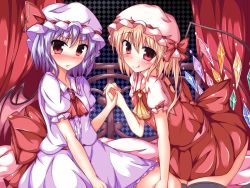 Rule 34 | 2girls, ascot, bat wings, bed, black legwear, blonde hair, blue hair, blush, bow, brooch, canopy bed, come hither, commentary request, dress, fang, fang out, flandre scarlet, holding hands, hat, hat bow, hat ribbon, interlocked fingers, jewelry, licking lips, mob cap, multiple girls, naba (take tonbo), pink eyes, puffy short sleeves, puffy sleeves, red dress, remilia scarlet, ribbon, sash, short sleeves, siblings, side ponytail, sisters, smile, thighhighs, tongue, tongue out, touhou, white dress, wings
