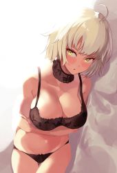 Rule 34 | 1girl, ahoge, backlighting, bad id, bad twitter id, black bow, black bra, black panties, blonde hair, blush, bow, bow panties, bra, breast hold, breasts, choker, cleavage, cowboy shot, day, dutch angle, fate/grand order, fate (series), highres, jeanne d&#039;arc (fate), jeanne d&#039;arc alter (avenger) (fate), jeanne d&#039;arc alter (fate), lace, lace-trimmed bra, lace-trimmed panties, lace trim, large breasts, lingerie, looking at viewer, lying, mitsukichi, on side, panties, parted lips, platinum blonde hair, short hair, solo, underwear, underwear only, yellow eyes