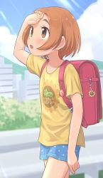 Rule 34 | 1girl, backpack, bag, blue shorts, blurry, blurry background, blush, bridge, brown eyes, building, child, cloud, day, flower, hand on forehead, highres, charm (object), light rays, looking up, orange hair, original, outdoors, parted bangs, parted lips, randoseru, shirt, short hair, shorts, sky, solo, sunbeam, sunflower, sunlight, sweat, tree, yama tatsuo, yellow shirt