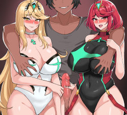 Rule 34 | 1boy, 2girls, :d, black hair, black one-piece swimsuit, black shirt, blonde hair, blush, bottomless, grabbing another&#039;s breast, breasts, censored, chest jewel, choker, circlet, cleavage, closed mouth, competition swimsuit, covered navel, dark-skinned male, dark skin, erection, grabbing, grin, handjob, hella p, large breasts, long hair, looking at viewer, mosaic censoring, multiple girls, mythra (radiant beach) (xenoblade), mythra (xenoblade), netorare, one-piece swimsuit, open mouth, penis, pyra (pro swimmer) (xenoblade), pyra (xenoblade), red eyes, red hair, shirt, short sleeves, smile, swimsuit, teeth, thick thighs, thighs, white choker, white one-piece swimsuit, xenoblade chronicles (series), xenoblade chronicles 2, yellow eyes
