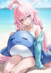 Rule 34 | :d, beach, blue archive, blush, collarbone, cowlick, fang, hair ornament, halo, heterochromia, highres, hoshino (blue archive), hoshino (swimsuit) (blue archive), mungduck, open mouth, pink hair, pink halo, smile