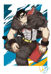 Rule 34 | 1boy, abs, beowulf (skullgirls), black hair, blue background, border, chair, facial hair, folding chair, highres, littlezeng, looking at viewer, muscular, muscular male, pelt, short hair, skullgirls, smile, solo, stubble, suspenders, white border, wristband