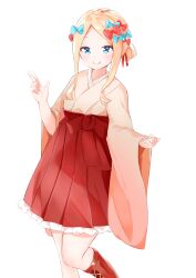 Rule 34 | 1girl, abigail williams (fate), absurdres, blonde hair, blue bow, boots, bow, commentary, fate/grand order, fate (series), feet out of frame, forehead, frilled skirt, frills, hair bow, hair bun, hakama, hakama short skirt, hakama skirt, highres, japanese clothes, kimono, knee boots, long sleeves, parted bangs, pink kimono, red bow, red footwear, red hakama, sidelocks, simple background, skirt, sleeves past wrists, solo, standing, white background, wide sleeves, yukaa