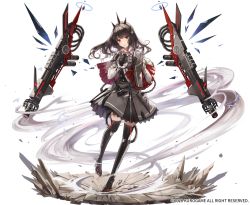 Rule 34 | 1girl, black gloves, black hair, boots, broken ground, capelet, floating, floating object, floating weapon, gloves, headgear, high heel boots, high heels, highres, kim eb, long hair, looking at viewer, own hands clasped, own hands together, punishing: gray raven, red eyes, solo, standing, thigh boots, thighhighs, tifa (punishing: gray raven), white background