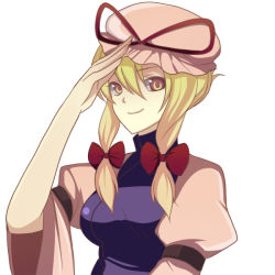 Rule 34 | 1girl, blonde hair, bow, female focus, hair bow, hair up, harano, looking at viewer, salute, simple background, smile, solo, touhou, upper body, yakumo yukari, yellow eyes