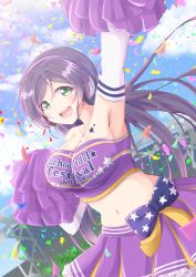 Rule 34 | 10s, 1girl, absurdres, alternate costume, armpits, bare shoulders, blush, breasts, cheerleader, chiro (bocchiropafe), commentary request, elbow gloves, gloves, green eyes, highres, large breasts, long hair, looking at viewer, love live!, love live! school idol festival, love live! school idol project, midriff, navel, open mouth, pom pom (cheerleading), purple hair, scrunchie, skirt, smile, solo, takaramonozu, thighhighs, tojo nozomi, twintails