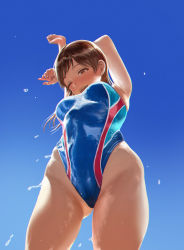 Rule 34 | 1girl, armpits, arms up, blue one-piece swimsuit, blue sky, brown eyes, brown hair, competition swimsuit, cowboy shot, day, from below, hamedoragon, highleg, highleg swimsuit, idolmaster, idolmaster cinderella girls, idolmaster cinderella girls starlight stage, long hair, md5 mismatch, nitta minami, one-piece swimsuit, resolution mismatch, sky, solo, source smaller, standing, stretching, swimsuit, wet, wet clothes, wet swimsuit