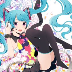 Rule 34 | 1girl, aqua hair, hatsune miku, headphones, headset, highres, komine, long hair, necktie, open mouth, purple eyes, skirt, solo, symbol-shaped pupils, tell your world (vocaloid), thighhighs, twintails, very long hair, vocaloid