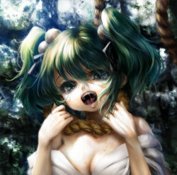 Rule 34 | 1girl, bad id, bad pixiv id, bare shoulders, breasts, cleavage, female focus, green eyes, green hair, hair bobbles, hair ornament, highres, inuboe, kisume, matching hair/eyes, noose, off shoulder, open mouth, rope, saliva, short hair, solo, tears, touhou, twintails, upper body