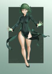 Rule 34 | 1girl, absurdres, artist name, black background, black dress, black footwear, breasts, covered navel, dated, dress, full body, gogo (gogo 23), green hair, grey background, highres, long sleeves, one-punch man, shiny clothes, short hair, small breasts, smile, solo, tatsumaki, teeth, translation request