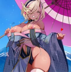 Rule 34 | 1girl, absurdres, bare shoulders, blonde hair, blue kimono, breasts, breasts out, commentary request, dark-skinned female, dark skin, highres, japanese clothes, kimono, large areolae, large breasts, long hair, long sleeves, looking at viewer, navel, nipples, obi, off shoulder, open mouth, original, sash, short hair, short kimono, smile, solo, tan, tomo0843, wide sleeves, yellow eyes