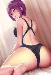 Rule 34 | 1girl, ass, bare arms, bare shoulders, barefoot, black one-piece swimsuit, blush, breasts, commentary request, competition swimsuit, from behind, huyumitsu, large breasts, looking at viewer, looking back, one-piece swimsuit, original, parted lips, purple eyes, purple hair, sitting, solo, swimsuit, thighs, wariza