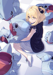 Rule 34 | 1girl, absurdres, aged down, alternate eye color, black shirt, blonde hair, closed mouth, creatures (company), cynthia (pokemon), frilled shirt, frills, full body, game freak, gen 4 pokemon, gible, hair ornament, highres, holding, holding stuffed toy, looking at viewer, nintendo, pokemon, pokemon dppt, shirt, shoes, short hair, sitting, skirt, solo, stuffed toy, wariza, white skirt, xia (ryugo), yellow eyes