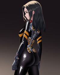 Rule 34 | 1girl, absurdres, aldrich.art, alternate breast size, ass, black background, black bodysuit, black gloves, black hair, bodysuit, breasts, brown eyes, closed mouth, commentary, english commentary, from side, gloves, gradient background, highres, long hair, looking ahead, medium breasts, solo, stellar blade, tachy (stellar blade)