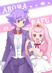 Rule 34 | 1boy, 1girl, :d, ahoge, arm hug, aroma (go! princess precure), aroma (go! princess precure) (human), bow, bowtie, brother and sister, chiroru (7450n), dress, flipped hair, formal, gloves, go! princess precure, long hair, open mouth, pants, personification, pink hair, precure, puff (go! princess precure), puff (go! princess precure) (human), purple eyes, purple hair, red bow, siblings, smile, suit, traditional bowtie, twintails, white gloves
