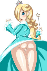 Rule 34 | 1girl, artist request, ass, blonde hair, blue eyes, blush, censored, crown, dress, earrings, female focus, from behind, hair over one eye, highres, jewelry, looking at viewer, looking back, mario (series), nintendo, no panties, open mouth, parted lips, pussy, rosalina, solo, super mario bros. 1, super mario galaxy, upskirt, wand, white background