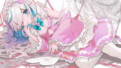 Rule 34 | 1girl, blue bow, blue eyes, blue hair, bow, braid, breasts, commentary request, copyright request, detached sleeves, dress, frilled sleeves, frills, hair ornament, hair over one eye, hand up, hayama eishi, heart, heart hair ornament, highres, indie virtual youtuber, lolita fashion, long sleeves, looking at viewer, lying, multicolored hair, official art, on side, pantyhose, parted lips, pink dress, pink footwear, pink sleeves, pleated dress, shoes, silver hair, sleeves past wrists, small breasts, solo, streaked hair, virtual youtuber, white pantyhose, wide sleeves