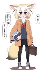 Rule 34 | 2girls, :3, :d, alternate costume, animal ears, bag, beige jacket, black legwear, blonde hair, blue shirt, blue skirt, blush, bow, bowtie, brown eyes, casual, character doll, coat, commentary request, common raccoon (kemono friends), converse, extra ears, fennec (kemono friends), fox ears, fox girl, fox tail, highres, kemono friends, long sleeves, multicolored hair, multiple girls, open mouth, pantyhose, pleated skirt, raccoon ears, raccoon girl, raccoon tail, ransusan, red bow, red neckwear, sailor collar, school bag, school uniform, shirt, shoes, short hair, skirt, smile, sneakers, tail, translation request, white hair