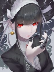 Rule 34 | 1girl, black hair, black nails, blunt bangs, bonnet, celestia ludenberg, claw ring, collared shirt, danganronpa: trigger happy havoc, danganronpa (series), drill hair, earrings, frills, gothic lolita, grey background, hand up, jewelry, johnnyyyyy, lolita fashion, long hair, looking at viewer, nail polish, necktie, red eyes, red necktie, serious, shirt, simple background, solo, twin drills, twintails
