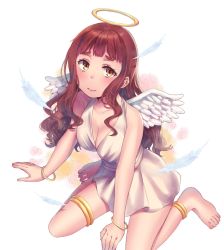Rule 34 | 1girl, anklet, bad id, bad pixiv id, barefoot, blush, bracelet, breasts, brown eyes, brown hair, cleavage, closed mouth, collarbone, dress, feathers, halo, jewelry, matching hair/eyes, medium breasts, original, sitting, sleeveless, sleeveless dress, solo, ugumi, wariza, wavy hair, white background, white dress, white wings, wings