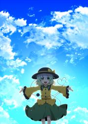 Rule 34 | 1girl, aoi (annbi), blue sky, cloud, day, female focus, hat, heart, heart of string, highres, komeiji koishi, lens flare, looking at viewer, open mouth, outstretched arms, outstretched hand, short hair, sky, smile, solo, spread arms, touhou