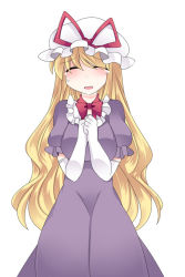 Rule 34 | 1girl, ^ ^, blonde hair, blush, choker, clenched hands, closed eyes, dress, elbow gloves, gloves, hammer (sunset beach), hat, long hair, looking at viewer, open mouth, purple dress, purple eyes, ribbon choker, simple background, smile, solo, tears, touhou, white background, yakumo yukari