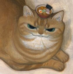 Rule 34 | animal, animal focus, bowl, cat, closed mouth, commentary request, egg, food, food on head, green eyes, highres, kamaboko, karin hosono, looking at viewer, lying, narutomaki, no humans, noodles, object on head, orange cat, original, painting (medium), ramen, realistic, solo, traditional media, upper body