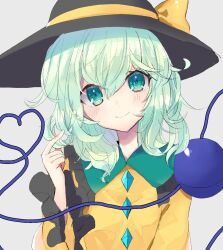Rule 34 | 1girl, aqua eyes, black hat, blouse, blush, bow, buttons, closed mouth, diamond button, eyeball, frilled shirt collar, frilled sleeves, frills, grey background, hair between eyes, hands up, hat, hat bow, hat ribbon, head tilt, heart, heart of string, highres, komeiji koishi, light green hair, long sleeves, looking at viewer, medium hair, one-hour drawing challenge, ribbon, shirt, simple background, smile, solo, third eye, touhou, tsukikusa, upper body, wavy hair, wide sleeves, yellow bow, yellow ribbon, yellow shirt
