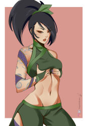 Rule 34 | 1girl, absurdres, akali, arm tattoo, artist name, bare shoulders, black hair, border, breasts, clothing cutout, crop top, grabbing own breast, green pants, hayashidraws, highres, league of legends, medium breasts, midriff, navel, ninja, pants, parted lips, ponytail, purple nails, red eyes, red lips, signature, solo, stomach, tattoo, thigh cutout, white border