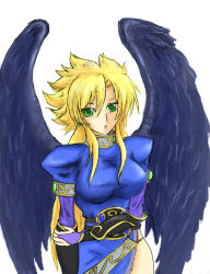 Rule 34 | 1girl, angel wings, black wings, blonde hair, blush, boots, breasts, breath of fire, breath of fire ii, bridal gauntlets, dress, female focus, green eyes, knee boots, large breasts, large wings, legs, long hair, long legs, nina (breath of fire ii), side slit, sidelocks, simple background, solo, thigh boots, thighhighs, thighs, thong, white background, wings