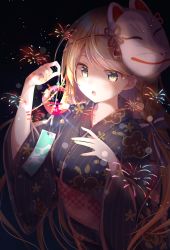 Rule 34 | 1girl, :o, aerial fireworks, black kimono, blonde hair, blue bow, bow, braid, commentary request, emu alice, fireworks, floral print, fox mask, gomano rio, green eyes, hair bow, hands up, highres, holding, japanese clothes, kimono, liver city, long hair, long sleeves, mask, mask on head, obi, official art, parted lips, print kimono, sash, solo, striped bow, striped clothes, striped kimono, upper body, vertical-striped clothes, vertical-striped kimono, very long hair, wide sleeves, wind chime