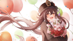 Rule 34 | 1girl, :d, balloon, blurry, blurry background, blush, bouquet, brown hair, brown headwear, brown shirt, commentary request, confetti, fang, floating hair, flower, flower-shaped pupils, flower request, from side, genshin impact, gya (144), hair between eyes, highres, holding, holding bouquet, hu tao (genshin impact), long hair, long sleeves, looking at viewer, looking to the side, open mouth, red eyes, red flower, red rose, resolution mismatch, rose, shirt, simple background, skin fang, smile, solo, source smaller, symbol-shaped pupils, twintails, very long hair, white background, white flower