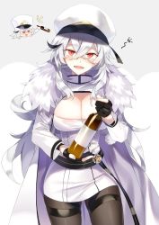 Rule 34 | 1girl, alcohol, azur lane, bad id, bad twitter id, belt, black gloves, blush, bottle, breasts, chacha xxxxxx, chibi, cleavage, fur trim, gangut (azur lane), gloves, hair between eyes, hat, holding, jacket, large breasts, long hair, looking at viewer, military hat, multiple girls, multiple views, open mouth, pantyhose, red eyes, silver hair, smile, very long hair