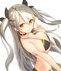 Rule 34 | 1girl, :q, azur lane, bikini, black bikini, breasts, choker, flag print, german flag bikini, habu., hair between eyes, large breasts, long hair, looking at viewer, mole, mole on breast, multicolored hair, orange hair, prinz eugen (azur lane), prinz eugen (unfading smile) (azur lane), red eyes, silver hair, simple background, smile, solo, streaked hair, swimsuit, tongue, tongue out, two-tone hair, two side up, very long hair, white background