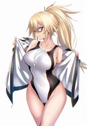 Rule 34 | 1girl, black-framed eyewear, blonde hair, blue eyes, breasts, collarbone, commentary, competition swimsuit, covered navel, fate/grand order, fate (series), glasses, hair between eyes, highres, hip focus, jacket, jeanne d&#039;arc (fate), jeanne d&#039;arc (ruler) (fate), jeanne d&#039;arc (swimsuit archer) (fate), jeanne d&#039;arc (swimsuit archer) (second ascension) (fate), large breasts, long hair, looking at viewer, looking to the side, one-piece swimsuit, open clothes, open jacket, simple background, smile, solo, swimsuit, thighs, ulrich (tagaragakuin), whistle, white background, white jacket, white one-piece swimsuit, zipper