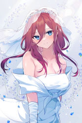 Rule 34 | 1girl, absurdres, akitsuki (oenothera), bare shoulders, breasts, bridal veil, cleavage, closed mouth, collarbone, commentary request, dress, go-toubun no hanayome, hair between eyes, highres, large breasts, light smile, long hair, looking at viewer, nakano miku, red hair, smile, solo, veil, wedding dress, white dress