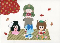 Rule 34 | 4girls, :d, absurdres, animal ears, black hair, blue dress, blue hair, bow, bowtie, carrot necklace, cat ears, cat tail, chen, cirno, closed eyes, curly hair, dress, earrings, falling leaves, floppy ears, flower, geta, green hair, hair bow, hat, highres, horns, ice, ice wings, inaba tewi, jewelry, komano aunn, leaf, long hair, mob cap, multiple girls, multiple tails, necklace, nekomata, open mouth, orange flower, outdoors, papercraft (medium), pink dress, pink flower, poru (tohopunk), profile, rabbit ears, red dress, red shirt, seiza, shirt, short hair, simple background, single earring, sitting, smile, tail, touhou, two tails, unconventional media, white background, wings, yellow neckwear