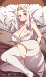 Rule 34 | 1girl, ass, bare shoulders, blush, breasts, cleavage, collarbone, fate/zero, fate (series), highres, hinghoi, irisviel von einzbern, large breasts, long hair, looking at viewer, lying, on bed, on side, pillow, red eyes, solo, thighhighs, thighs, white hair, white thighhighs