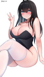 Rule 34 | 1girl, absurdres, alternate costume, animal ears, black hair, black leotard, blue eyes, blush, breasts, cleavage, closed mouth, collarbone, commentary request, crossed legs, fake animal ears, hair between eyes, hand up, highleg, highleg leotard, highres, huge breasts, idolmaster, idolmaster cinderella girls, invisible chair, leotard, long hair, looking at viewer, playboy bunny, rabbit ears, rufei bot, sagisawa fumika, sitting, smile, solo, strapless, strapless leotard, thighhighs, thighs, twitter username, w, white background, white thighhighs