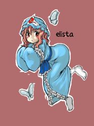 Rule 34 | 1girl, artist name, blush, bug, butterfly, elista, female focus, full body, hat, insect, japanese clothes, kimono, looking at viewer, lowres, mob cap, outline, pink hair, red eyes, saigyouji yuyuko, sash, short hair, simple background, sleeves past wrists, socks, solo, touhou, transparent background, triangular headpiece, white background, white outline, white socks