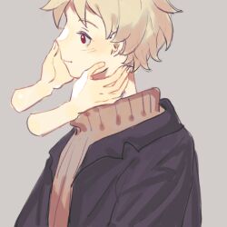 Rule 34 | 1boy, atou haruki, black jacket, blonde hair, brown sweater, chinese commentary, closed mouth, commentary request, disembodied hand, grey background, hands on another&#039;s cheeks, hands on another&#039;s face, jacket, male focus, open clothes, open jacket, red eyes, ribbed sweater, saibou shinkyoku, sanzhuangdaoju, short hair, simple background, smile, solo focus, sweater, turtleneck, turtleneck sweater