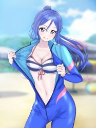 Rule 34 | 1girl, ;p, artist name, artist request, beach, bikini, bikini top only, bikini under clothes, blue bikini, blue bodysuit, blue hair, blue sky, blurry, blurry background, blush, bodysuit, breasts, center opening, cleavage, clothes pull, cloud, collarbone, day, diving, diving suit, female focus, floating hair, freediving, front-tie bikini top, front-tie top, hair between eyes, halterneck, high ponytail, highres, long hair, looking at viewer, love live!, love live! school idol festival, love live! sunshine!!, matsuura kanan, medium breasts, one-piece swimsuit pull, one eye closed, open bodysuit, open clothes, outdoors, parted lips, ponytail, purple eyes, sky, smile, solo, standing, string bikini, striped bikini, striped bikini top, striped clothes, swimsuit, tongue, tongue out, unzipped, wavy hair, wetsuit, white bikini, zipper, zipper pull tab