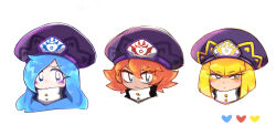 3girls beco_(100me) black_hat blonde_hair blue_eyes blue_eyeshadow blue_hair blunt_bangs blunt_ends blush_stickers bob_cut buttons cabbie_hat closed_mouth commentary_request cropped_shoulders dark-skinned_female dark_skin eyelashes eyeshadow flamberge_(kirby) francisca_(kirby) frown furrowed_brow hair_between_eyes half-closed_eyes hat heart heart_print humanization kirby_(series) long_hair looking_at_viewer makeup multiple_girls nintendo pale_skin red_eyeshadow red_hair short_hair simple_background turtleneck white_background yellow_eyeshadow zan_partizanne